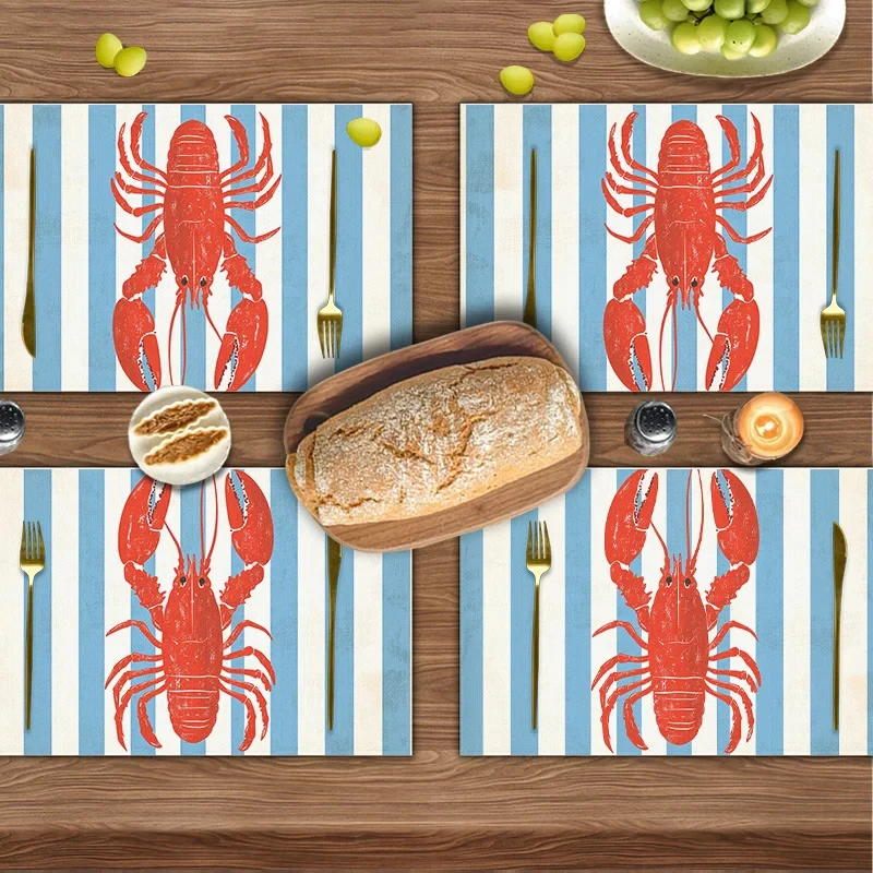 VIKAMA Red Lobster Print Striped Placemat, Waterproof Wipeable Heat Resistant Mat for Kitchen & Dining