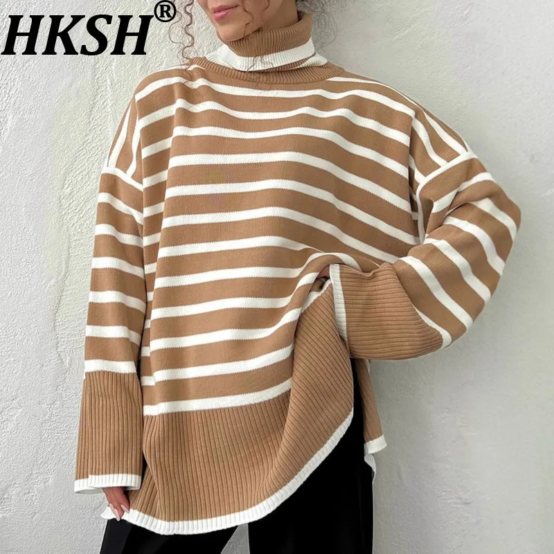 

HKSH Autumn Winter New Women Sweater Turtleneck Pullover Long Sleeves Striped Knitted Versatile Elegant Casual Tide Tops HK16315