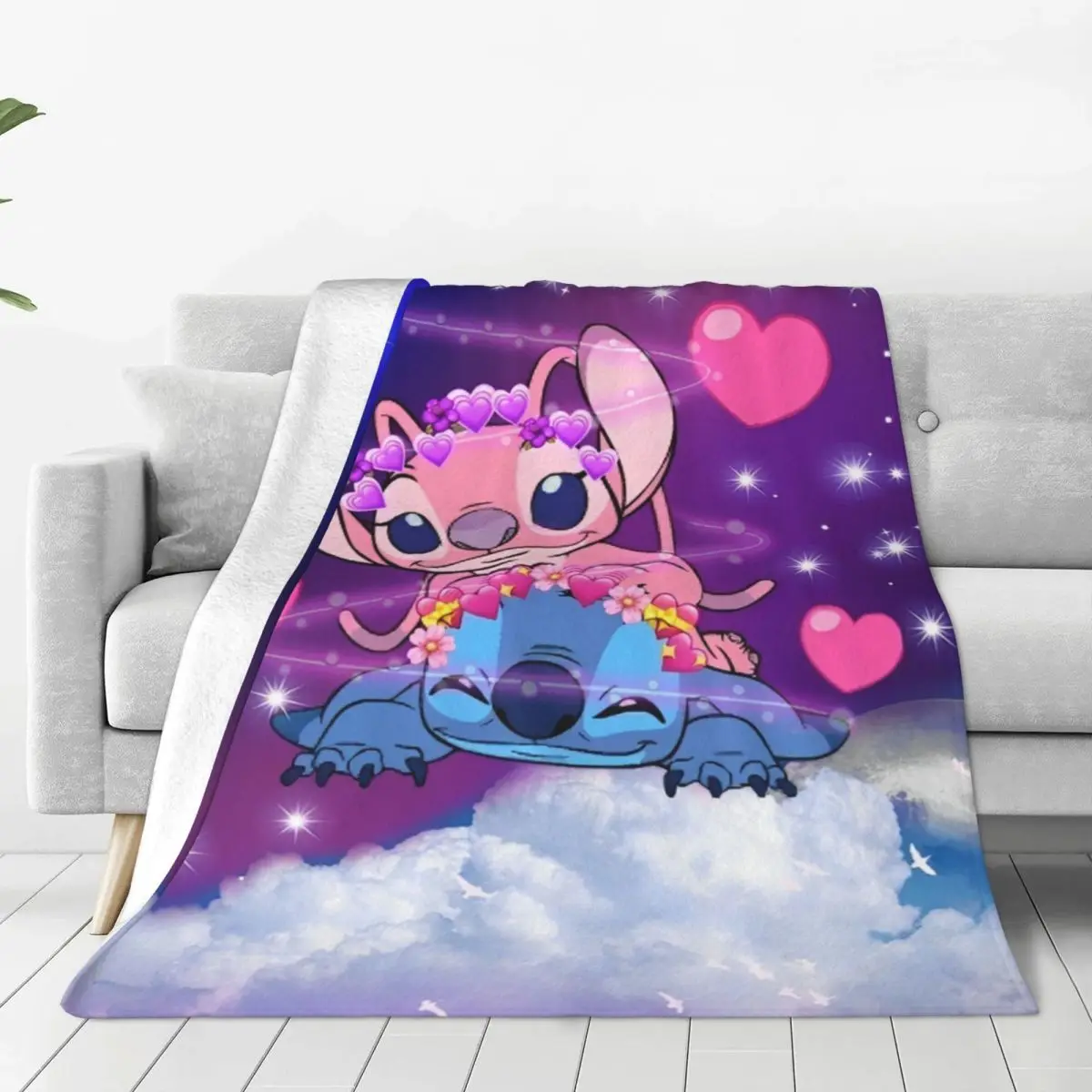 

Kawaii Stitch And Angel Blanket Cartoon Comic Airplane Travel Flannel Throw Blanket For Home Decor Quality Bedspread Present