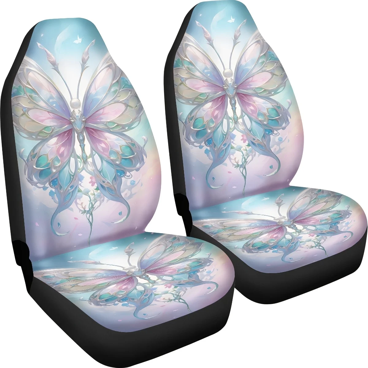 2pcs Fantasy Butterfly Print Car Seat Covers - Elegant Floral & Butterfly Design, Washable Polyester, Easy Install For Cars, SUV
