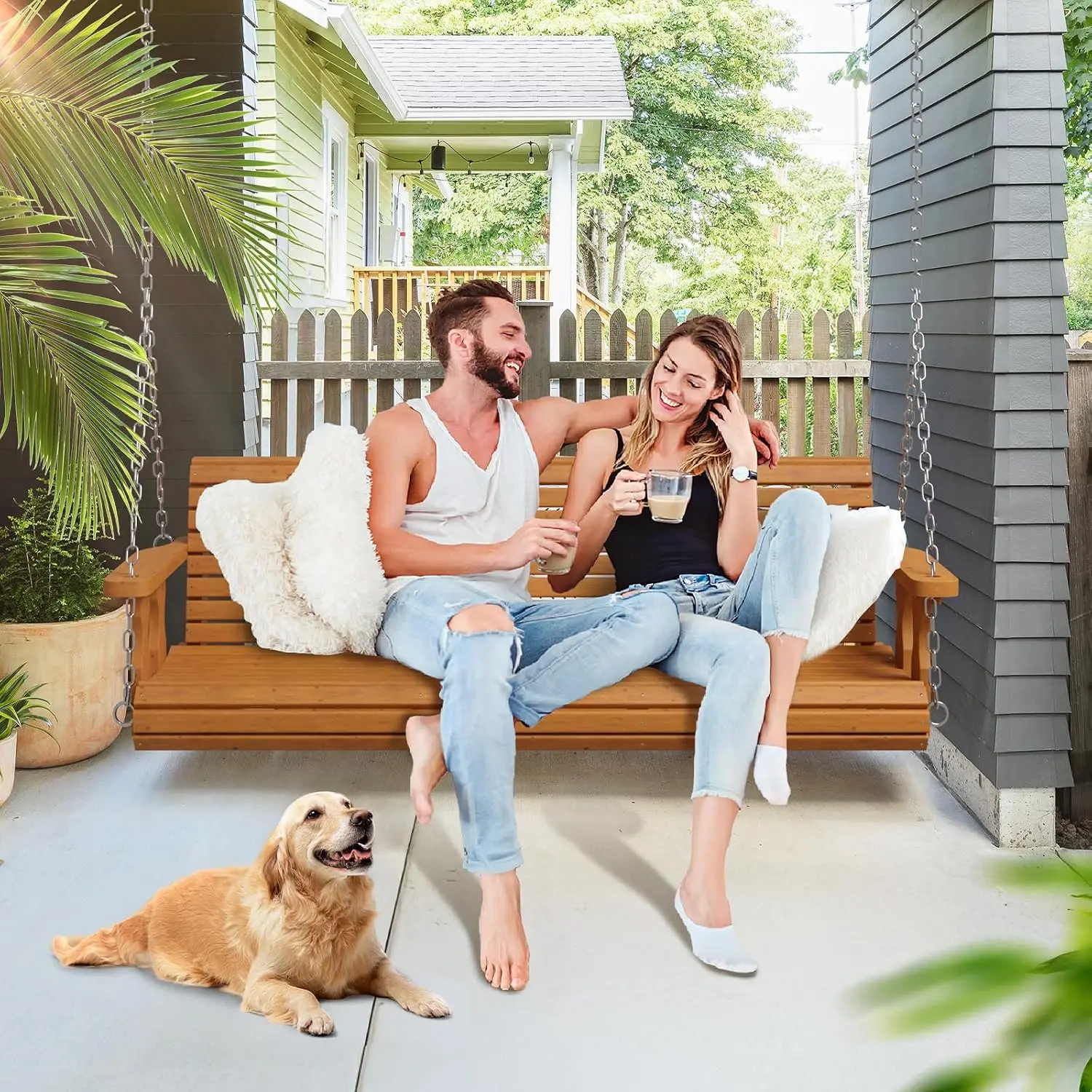 2026 Upgraded 5 FT Wooden Porch Swing, 880 LBS Heavy Duty, Brown | 2026 Upgraded Design; Heavy-Duty Wooden Swing, Customized