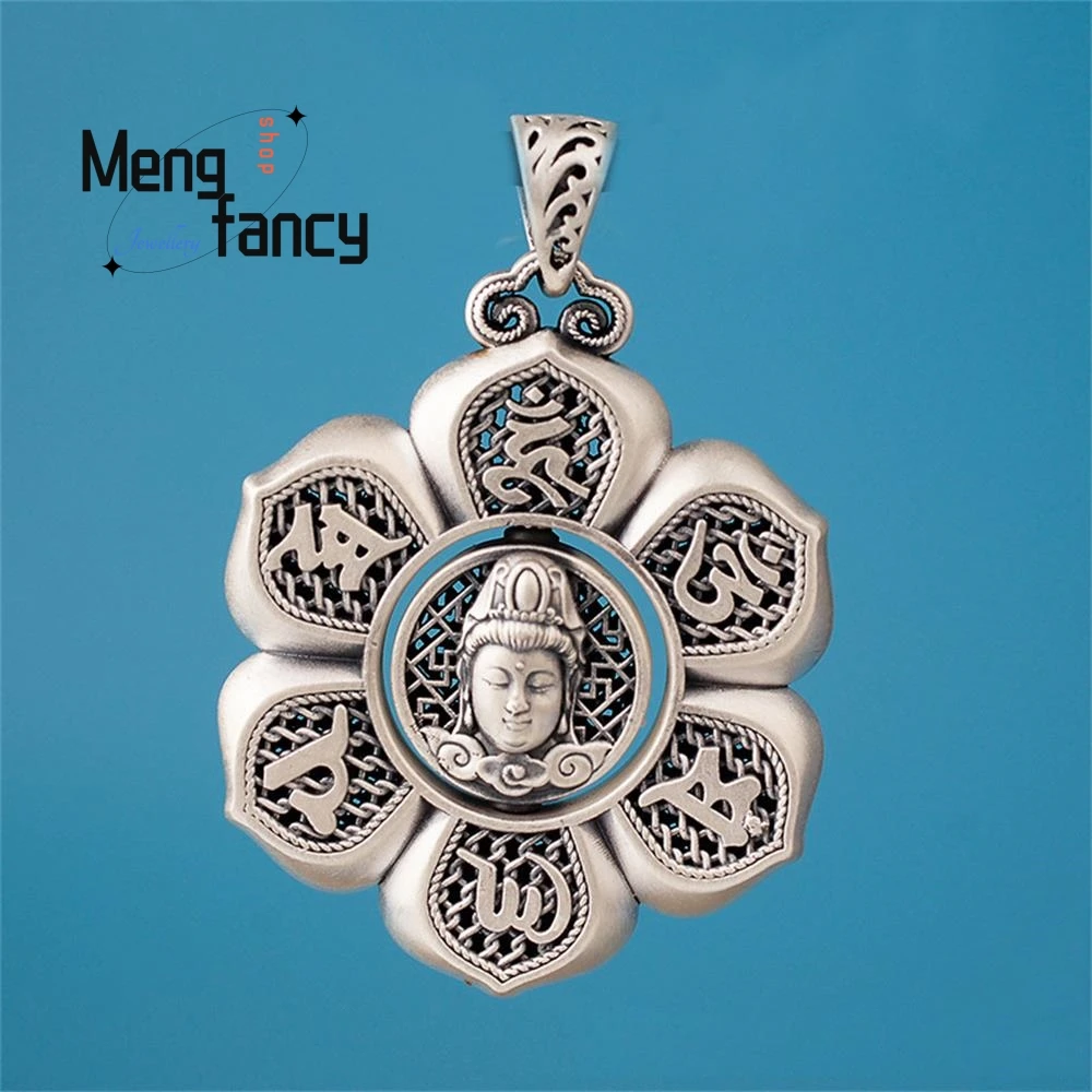 

S925 Silver Filigree Guanyin Six Character Mantra Turning Pendant Simple Exquisite High-grade Fashion Fine Jewelry Holiday Gifts