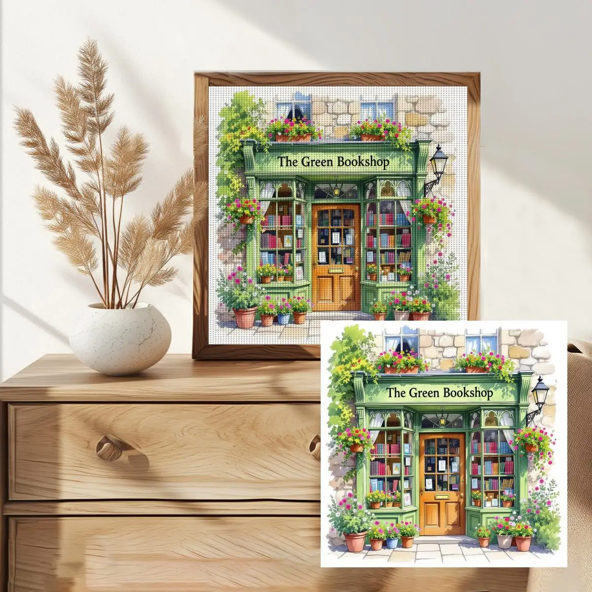 1 Stück 30x30 cm/11,8 Zoll Grüner Buchladen Gestempeltes Kreuzstich-Set DIY-Set 11/14/16CT DIY-Stickset DIY-Kreuzstich-Set – Detail 2