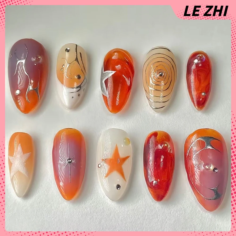 10Pcs Handmande Almond Press On Fake Nails Sticker 3D Flower Hand Painted Gel for High Quality Nail Art Customizable Nail Art