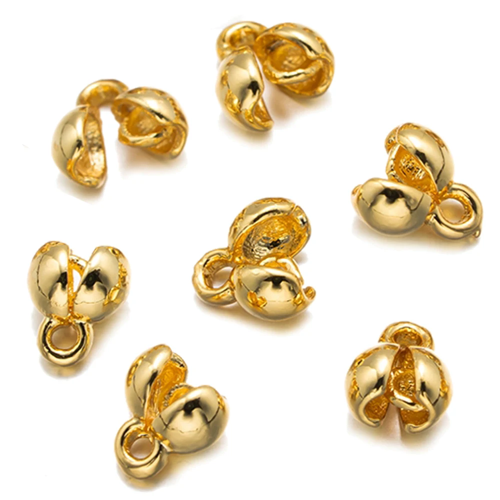 20/40pcs 18K Gold Plated Round Brass Bead Tips Calotte End Clamshell Knot Cover With Ring for Bracelet Jewelry Make DIY Findings