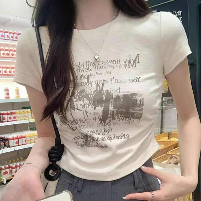 

Женская летняя повседневная универсальная футболка с круглым вырезом, короткими рукавами, принтом и завышенной талией, облегающая, с коротким рукавом