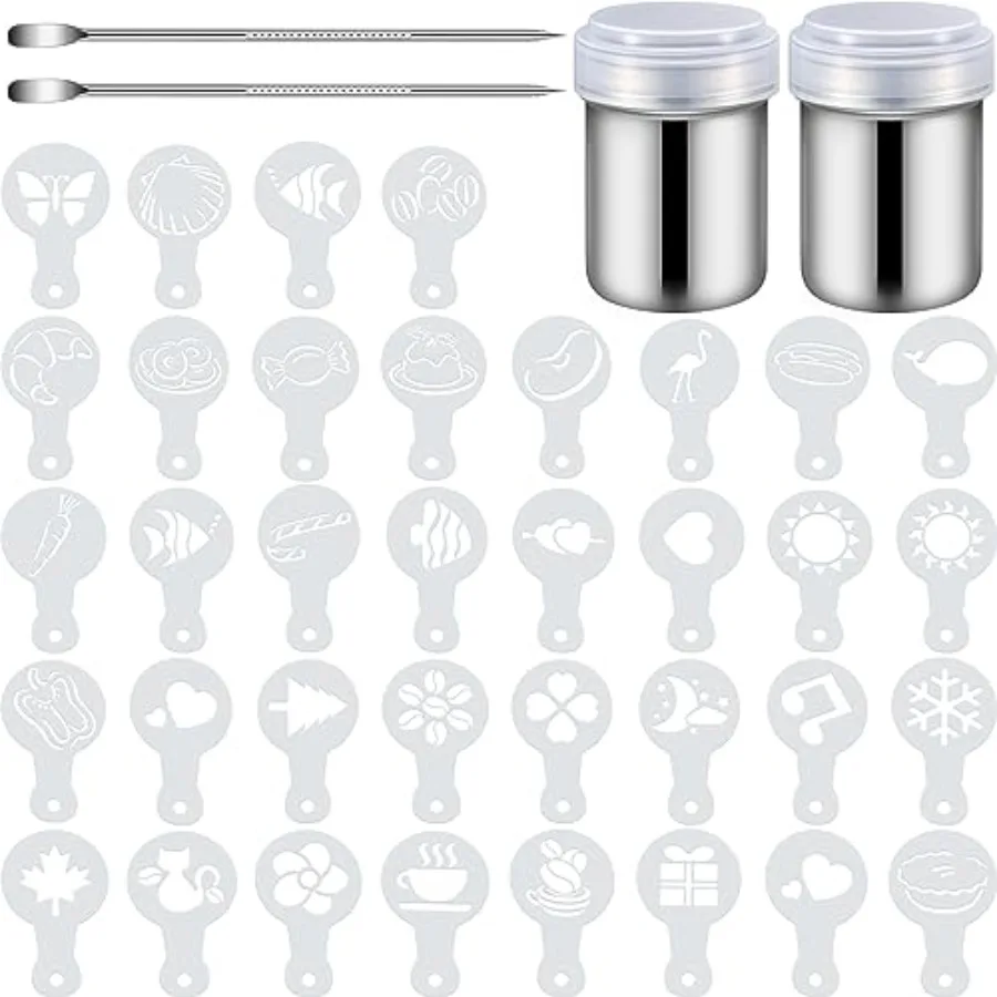 72 Pieces Coffee Decoration Stencils Latte Art Template Coffee Mold Tool with 2 Latte Art Pen 2 Dusting Jars Mesh Powder Shaker