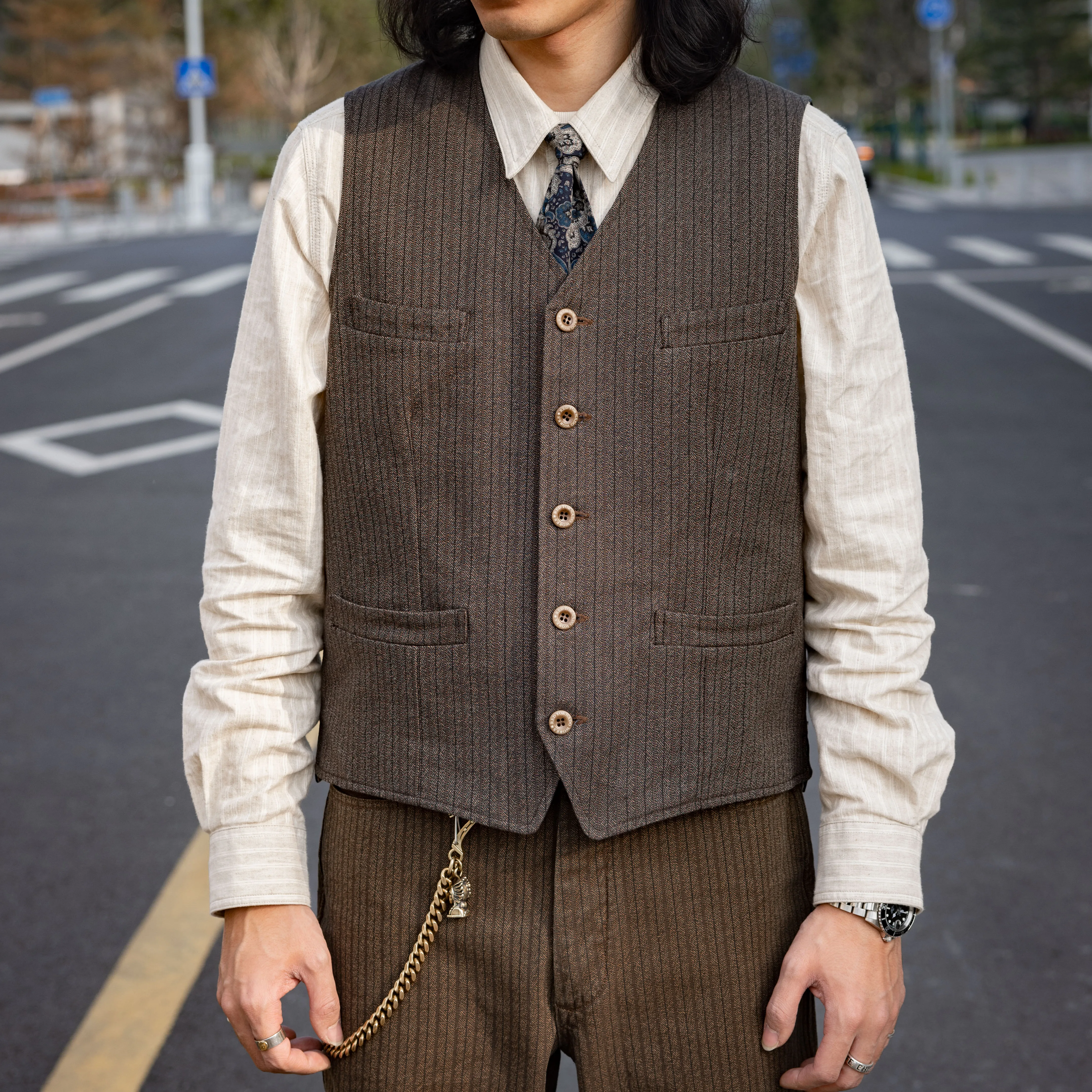MJ-0022 Red Tornado Casual Salt Pepper Stripe Vest 100% Cotton Mens Vintage Stylish Waistcoat