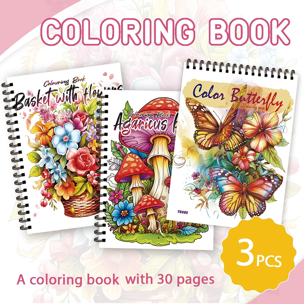 

3 шт. женский набор книг-раскрасок, узоры цветов бабочек и грибов, 30 страниц в спиральном переплете, снятие стресса, релаксация, подарок на выбор