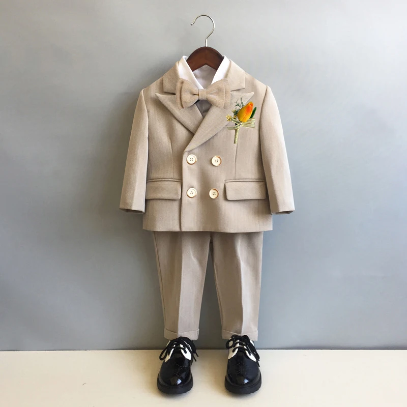 

Children's Formal Dress Suits Set Flower Boys Wedding Baby's First Birthday Costume Kids Double Brested Blazer Pants Bowtie