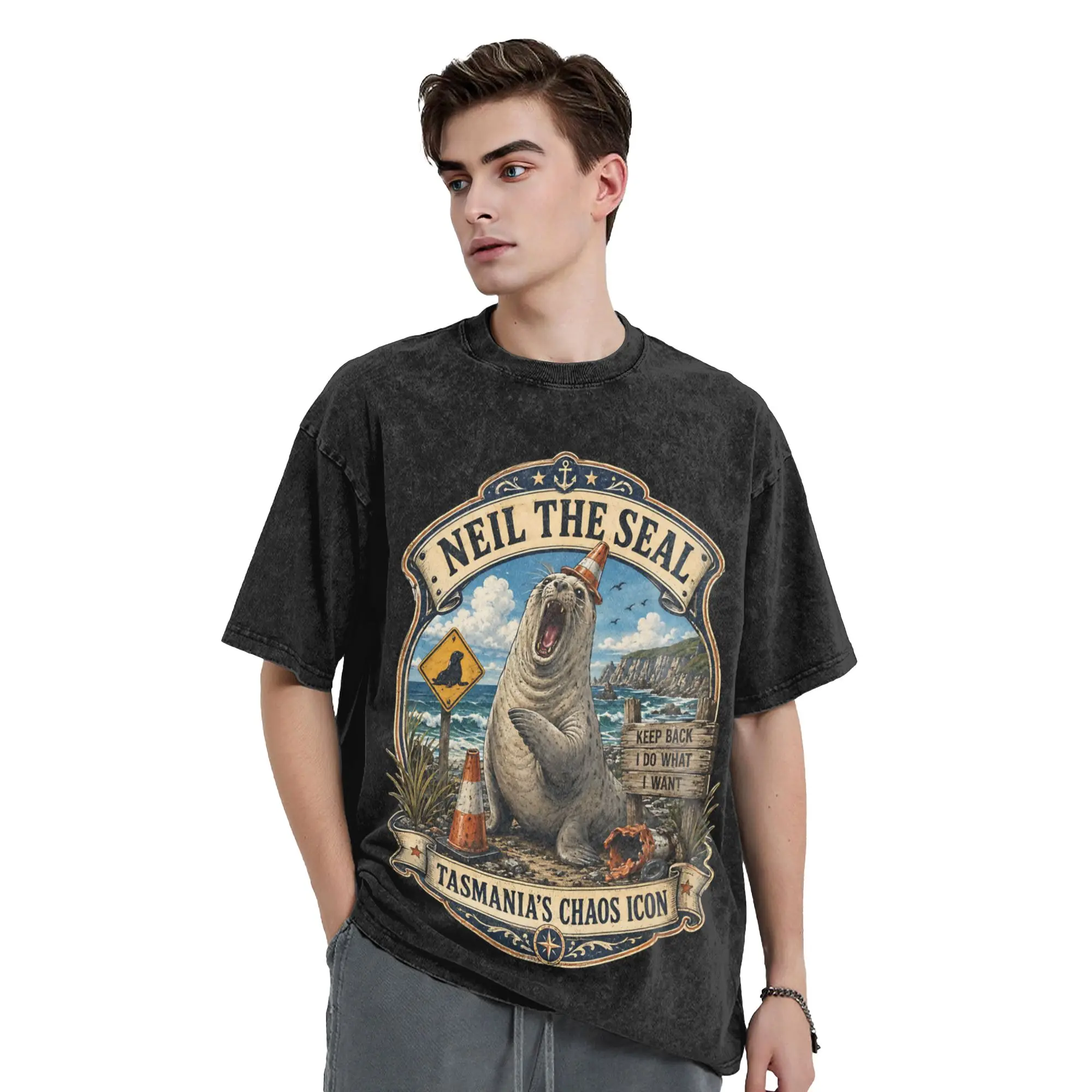 Neil the Seal Animal Washed T Shirt Streetwear Hip Hop Fashion T-Shirts  Tees Men Women Short Sleeve Oversize Graphic Printed