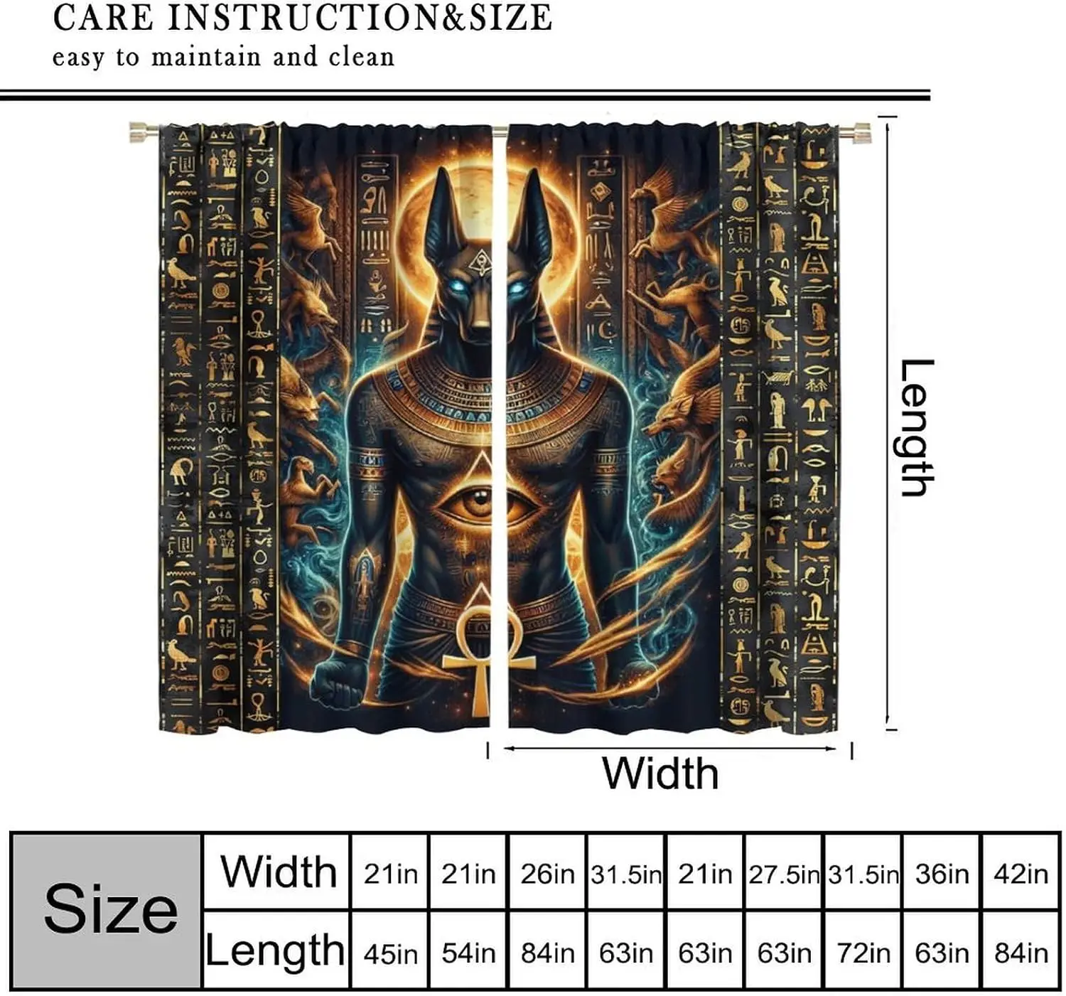 Ancient Egyptian Anubis Curtains, Eye of Horus Ankh Golden Hieroglyphic God Figure Mystic Black Gold Drapes for Gothic Bedroom
