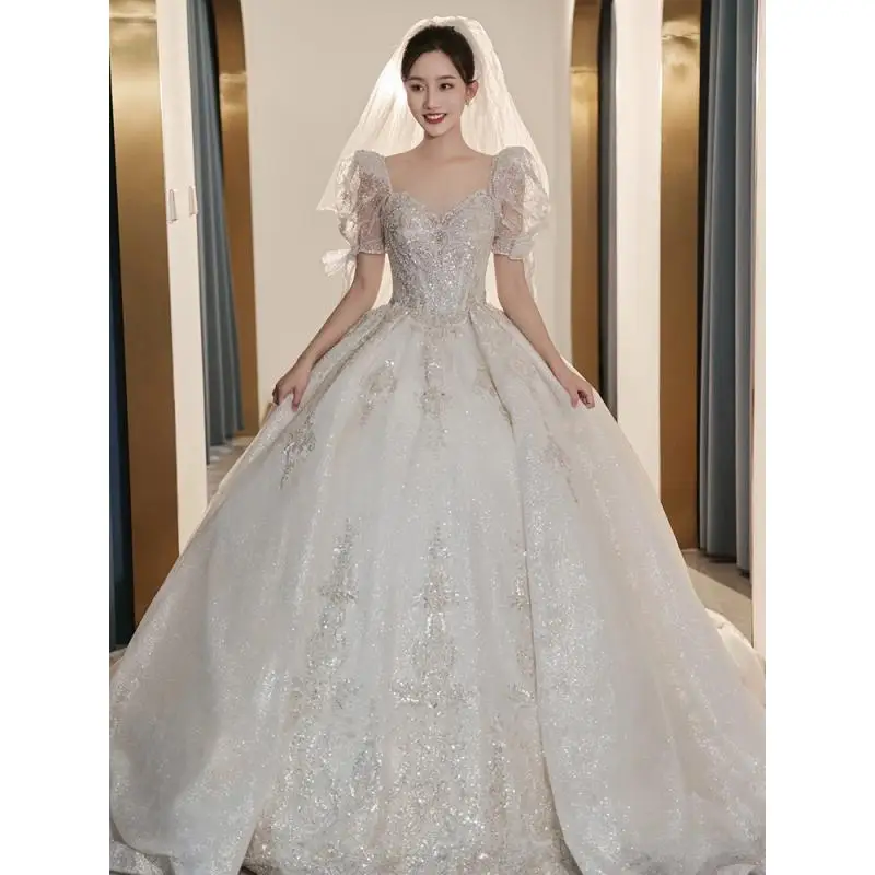 French Light Wedding Dress With Half Sleeves High-end Small Dress For Pregnant Women Plus Size Simple Fluffy Skirt  Customized