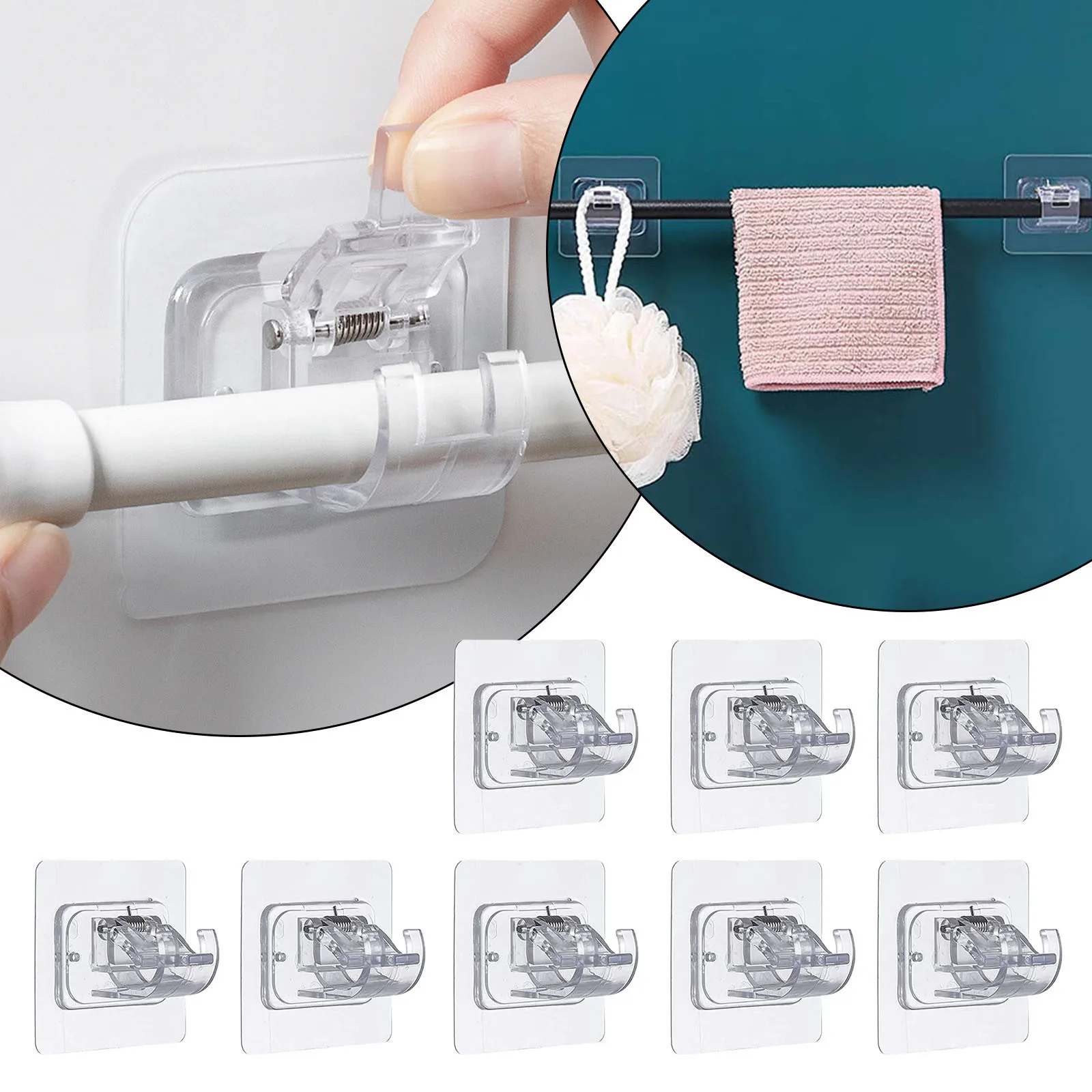 

8pcs Nail-Free Adjustable Curtain Rod Holder Clamp Hooks Rod Bracket Holders Adhesive Wall Curtain Fixed Clip Hanging Rack Hook