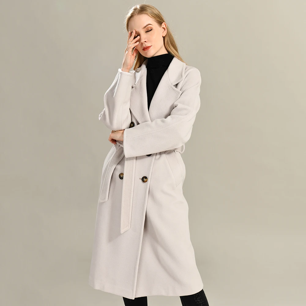 Luxyonuo High-end Cashmere Coat Women's Classic Double-breasted Suit Collar Lady Elegance Double Face Wool Coat Belt Winter Fall