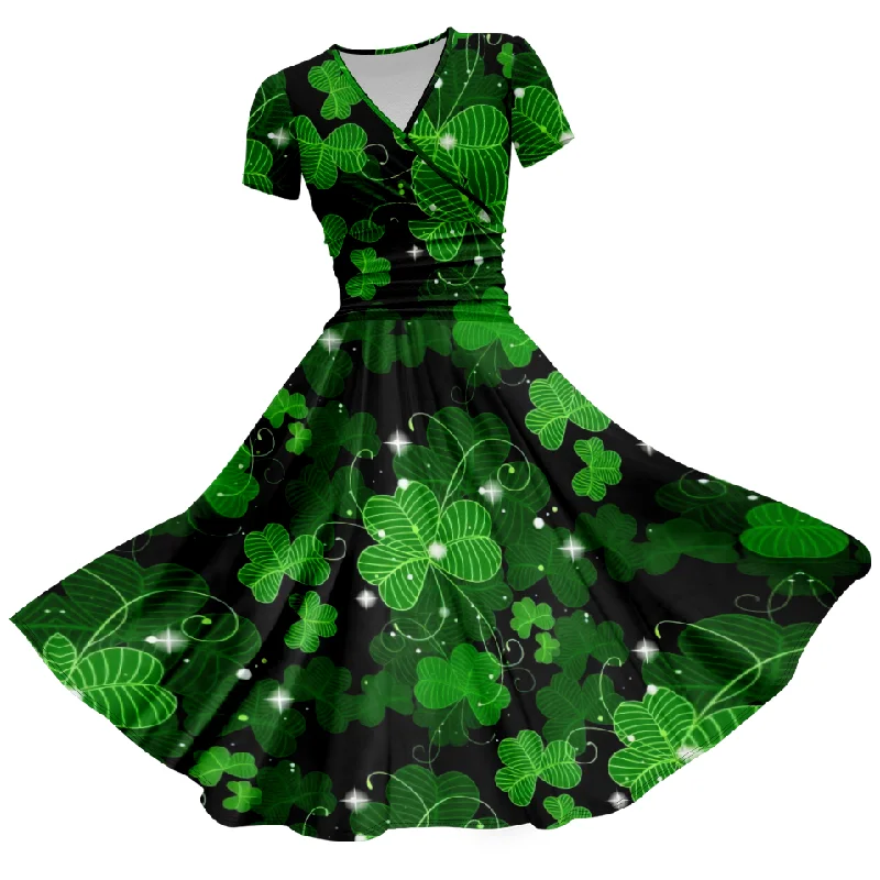 Deep Green Floral Lucky Four-Clover Pattern Full Print Casual Skirts Waist Short Sleeve Dresses Party Club Dress For Ladies