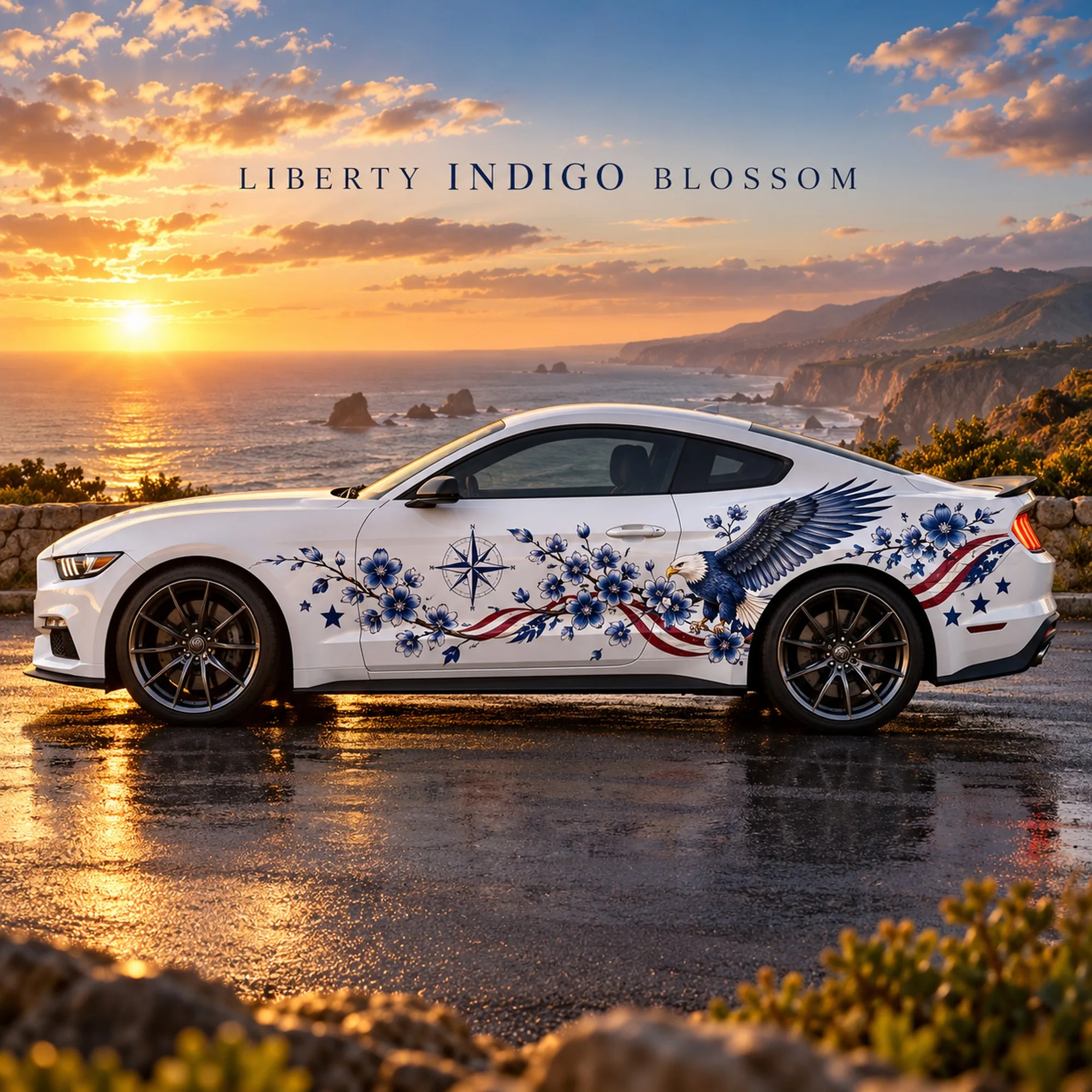 2 PCS Liberty Indigo Blossom Eagle Car Side Decals, Die-Cut Vinyl Sticker Set