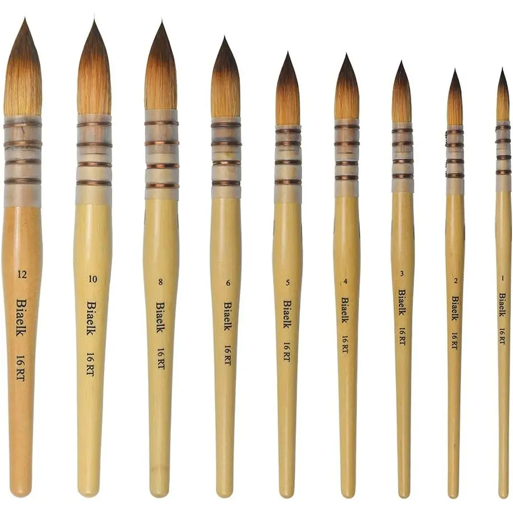 

Набор из 9 профессиональных кистей для акрила и акварели 16RT, синтетический ворс, большой круглый заостренный наконечник, деревянная ручка, размеры 12345681012