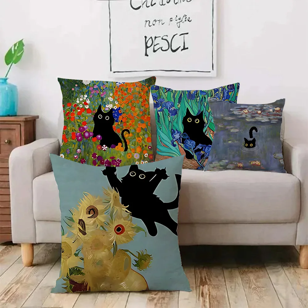 Monet Waterlily Cat Anime Pillow Covers Cartoon Sofa Decorative Home Double-sided Printing Short Plush Cute Cushion Cover