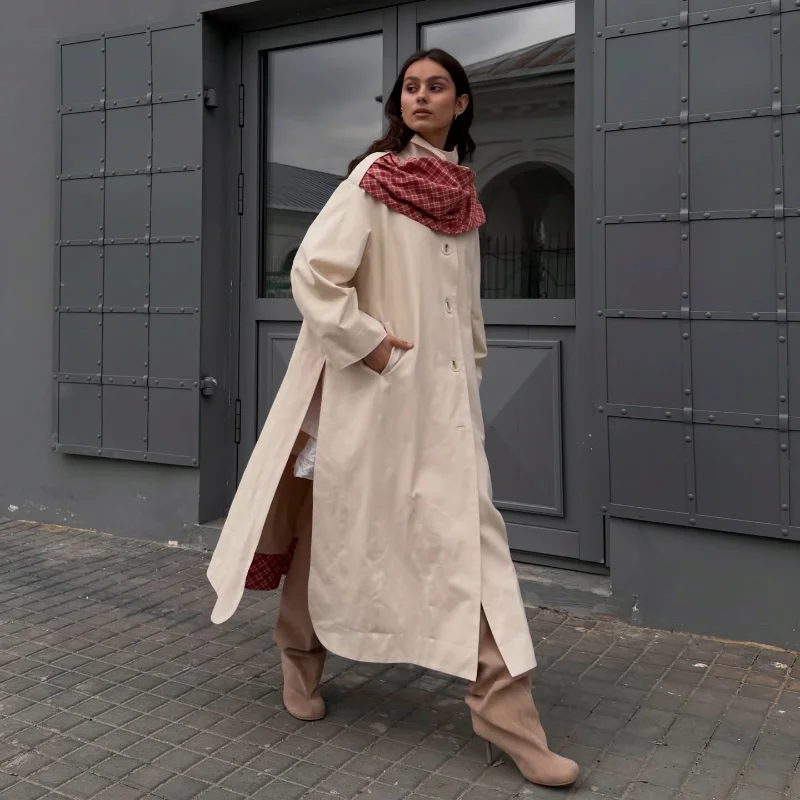 Autumn New Commute Women's Long Trench Coat Solid Stand Collar Side High Slit Windbreaker with Plaid Shawl Single Breasted Coats