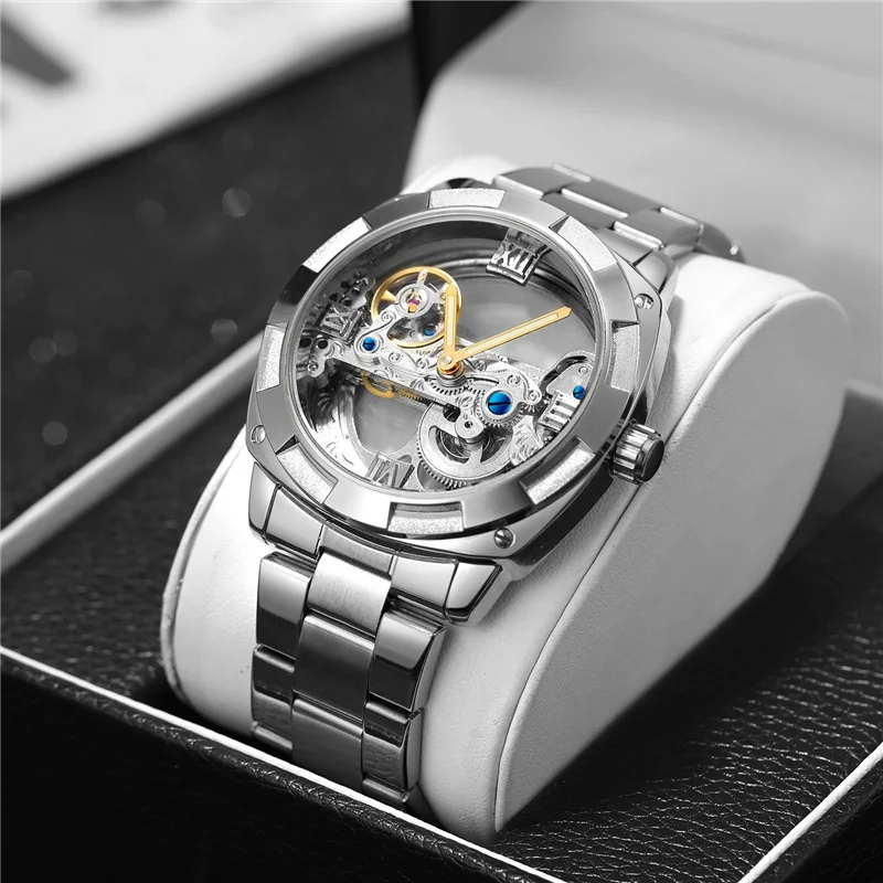 Forsining 207 Transparent Automatic Mechanical Watches Men Stainless Steel Strap Vintage Skeleton Watch Luminous Male Clocks