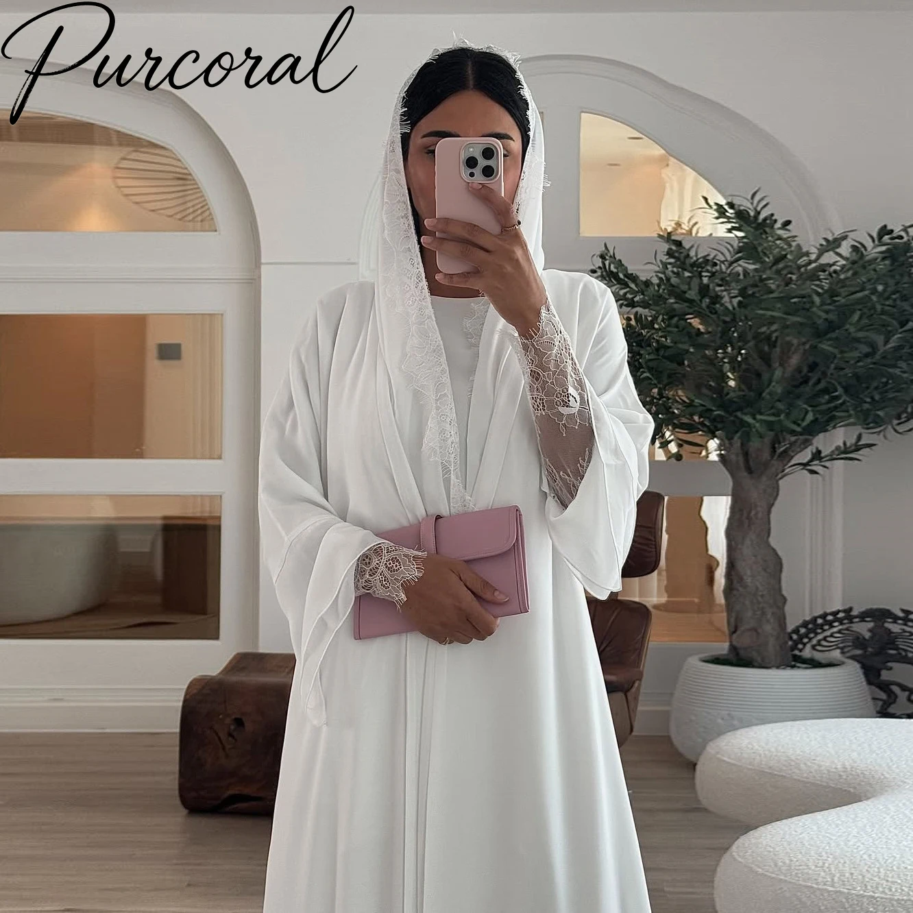 Белая открытая абайя Purcoral 2026 с кружевными манжетами и бахромой, длинный кардиган для мусульманок, скромный исламский наряд с подходящим хиджабом