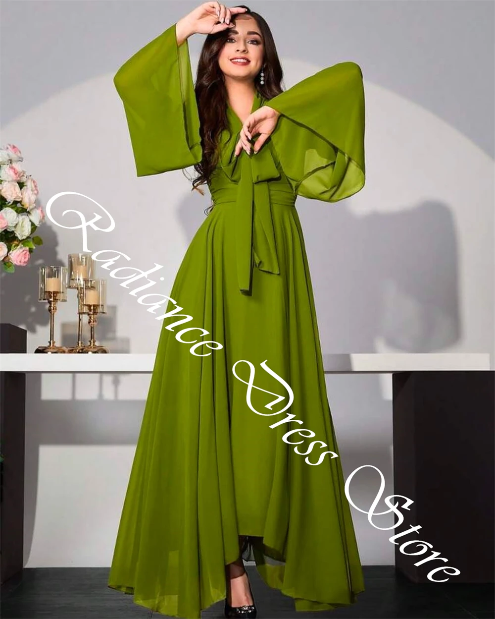 تخصيص رشيقة الخامس الرقبة القوس مساء اللباس مزاجه طويلة الأكمام مضيئة الأكمام فساتين المشاهير الكلاسيكية الشيفون Pr #5