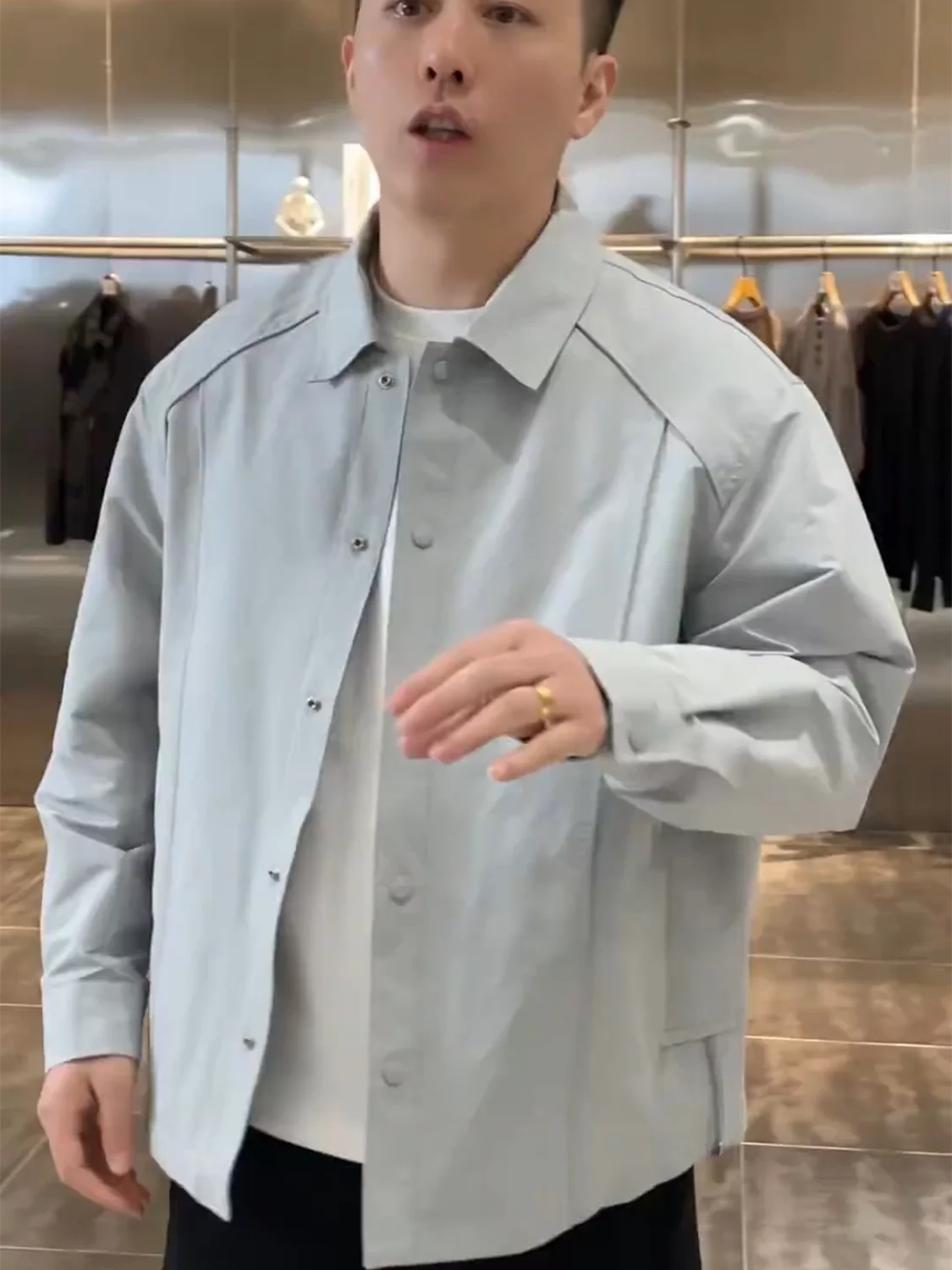 Spring New Men's American Retro Multi-Pocket Stand Collar Jacket Outerwear Simple Fashion Splicing High-End Feeling Top