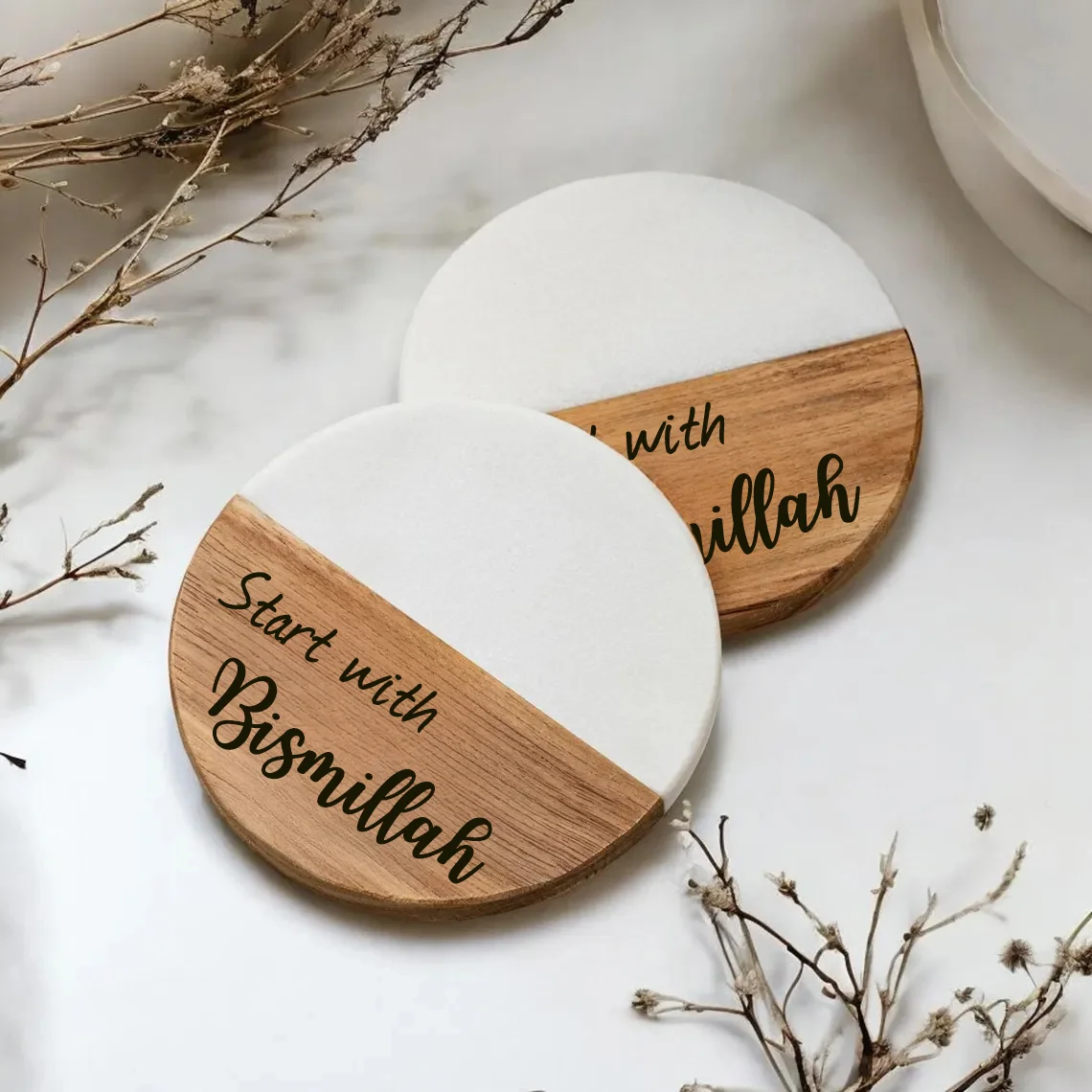 

Start with Bismillah Engraved Marble Wood Coasters Eid Mubarak Ramadan Home Decor Gift for Islamic Eid Al-Adha Hajj Iftar Item