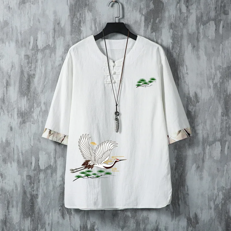 2025 여름 신상 고품질 남성 셔츠 프린트 면마 혼방 싱글 버튼 중간 소매 셔츠 탑