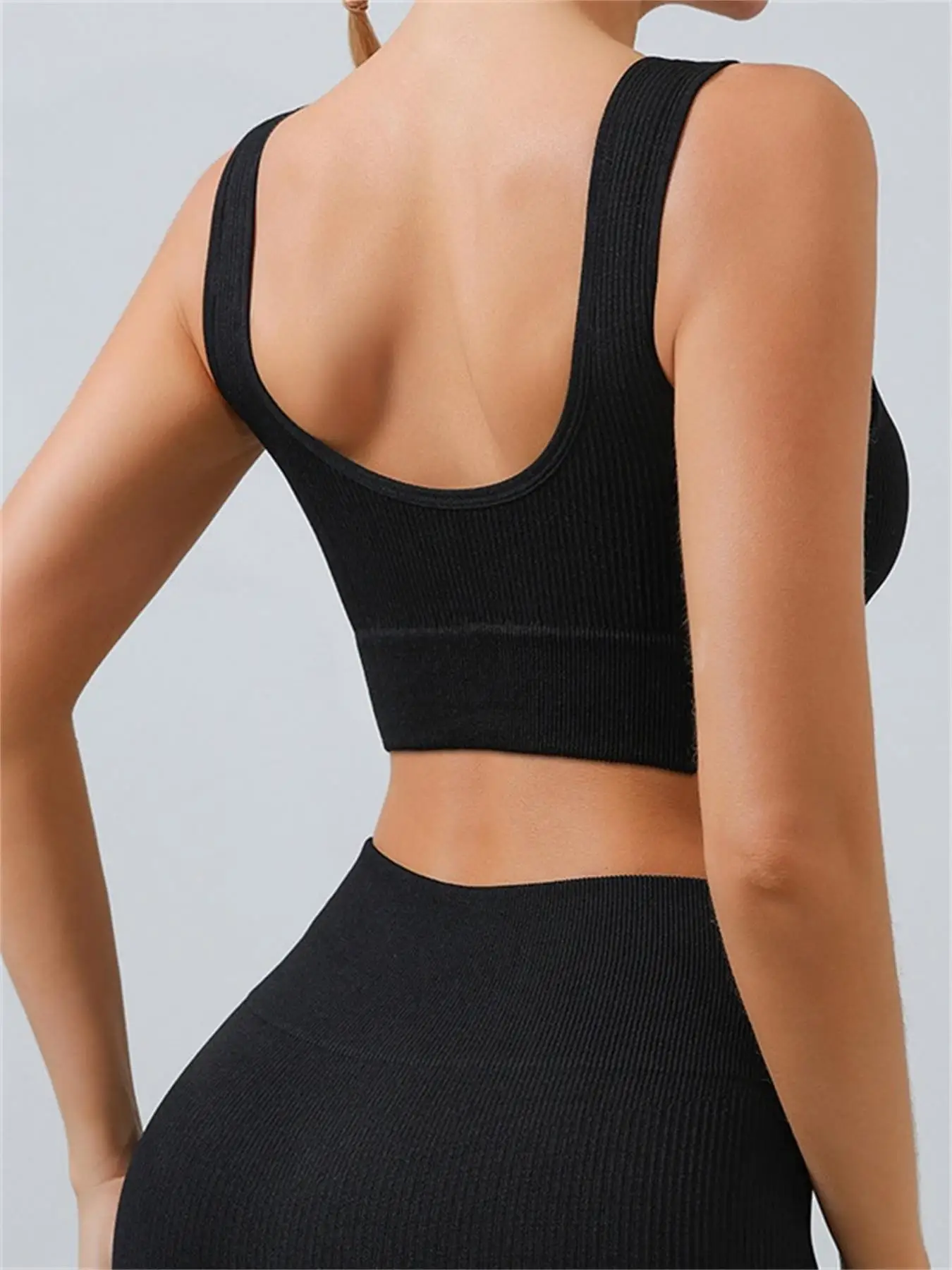 Women\'s solid color threaded yoga underwear seamless knit sports vest Fitness Yoga U-bra, Embedded chest pad