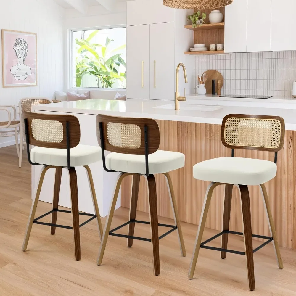 Swivel Counter Height Bar Stools Set of 3, Upholstered Faux Leather Barstools with Rattan Back, 26" Seat Height Bar Chairs