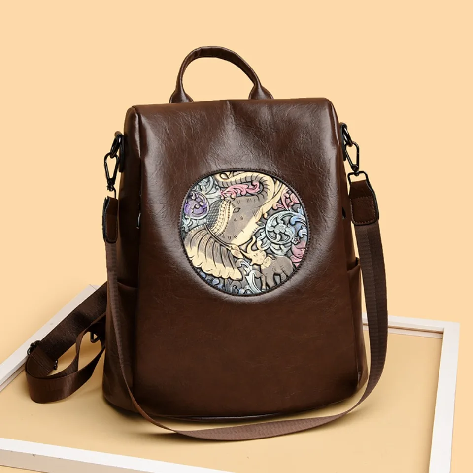 Elephant Deer Print Waxed Leather Texture Backpack 3-in-1 Anti-Theft Shoulder Bag Commuter Daypack with Side Zipper Pockets
