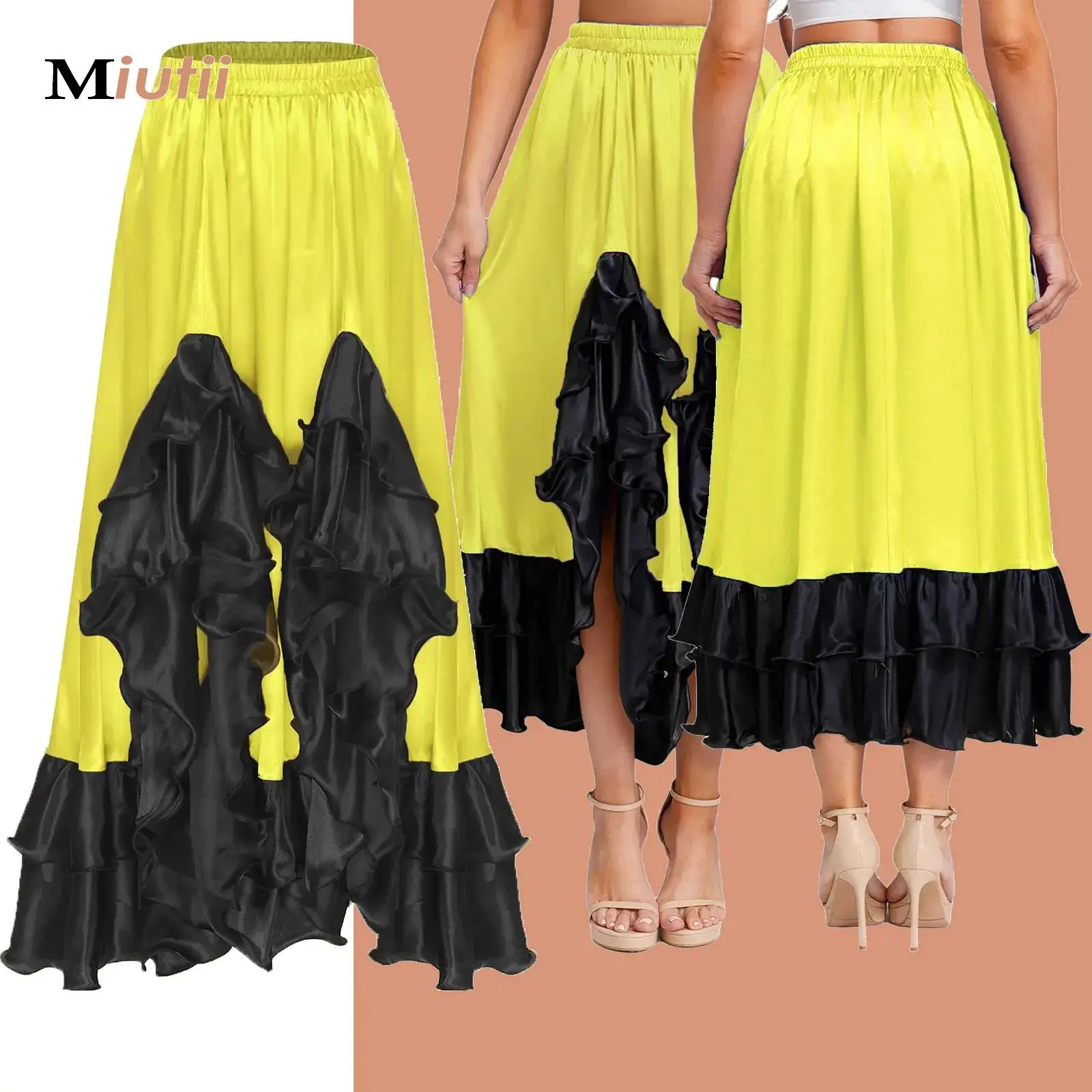 

Womens Spanish Paso Doble Matado Skirt Flamenco Latin Dance Stage Performance Costume Big Swing Ruffled Hem Skirt Dancewear