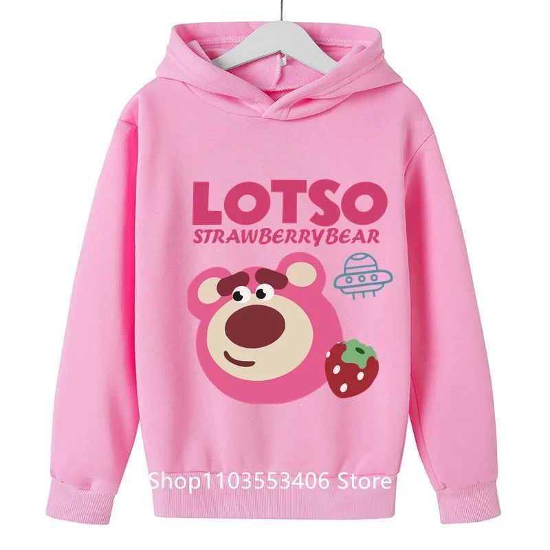 

Stylish new strawberry Bear print cartoon children's hooded sweatshirt 2024 Spring Fall casual cotton boys and girls