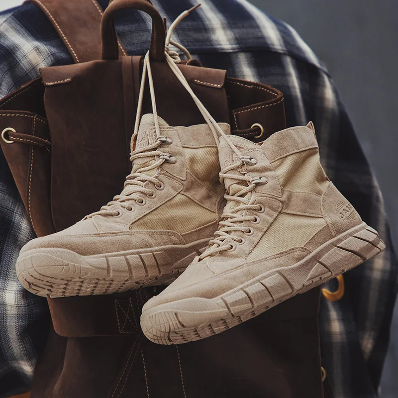 Men's High Top Work Boots Suede Canvas Splicing Lace Up Outdoor Hiking Boots Non-slip Thick Sole Combat Ankle Boots Fashion Shoe