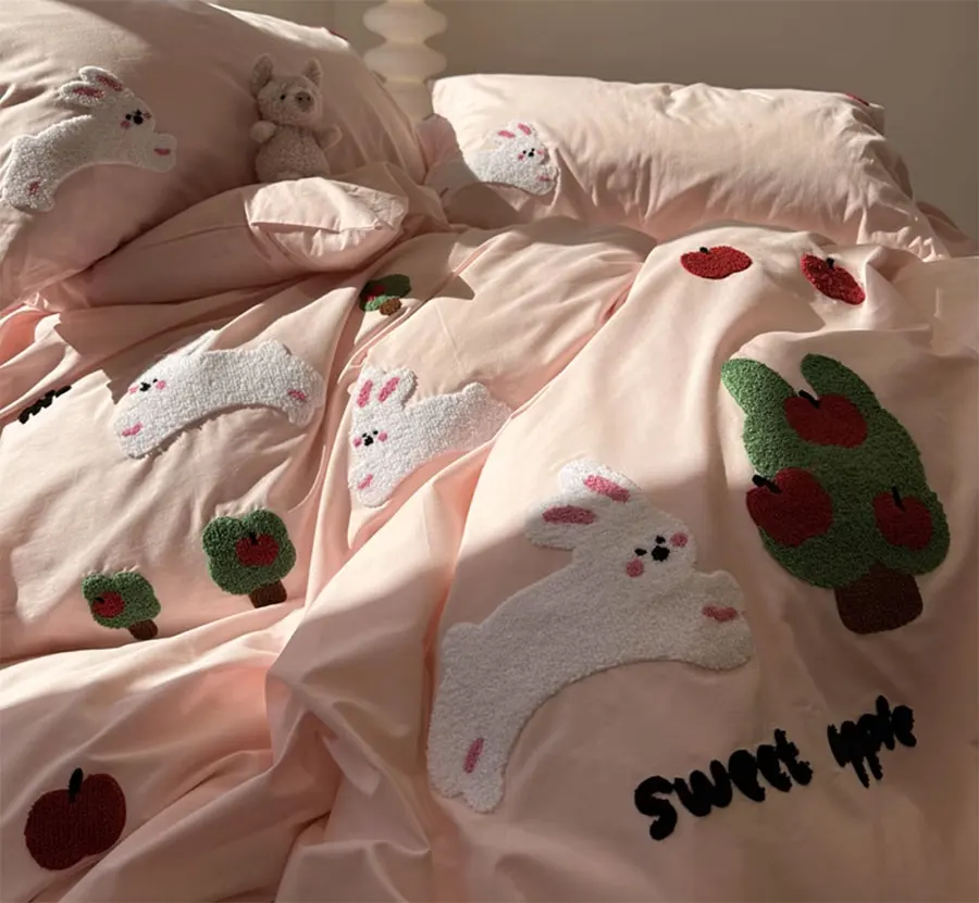 Cute cartoon embroidery cat bear rabbit bedding set,twin full queen king cotton home textile bed sheet pillow case quilt cover