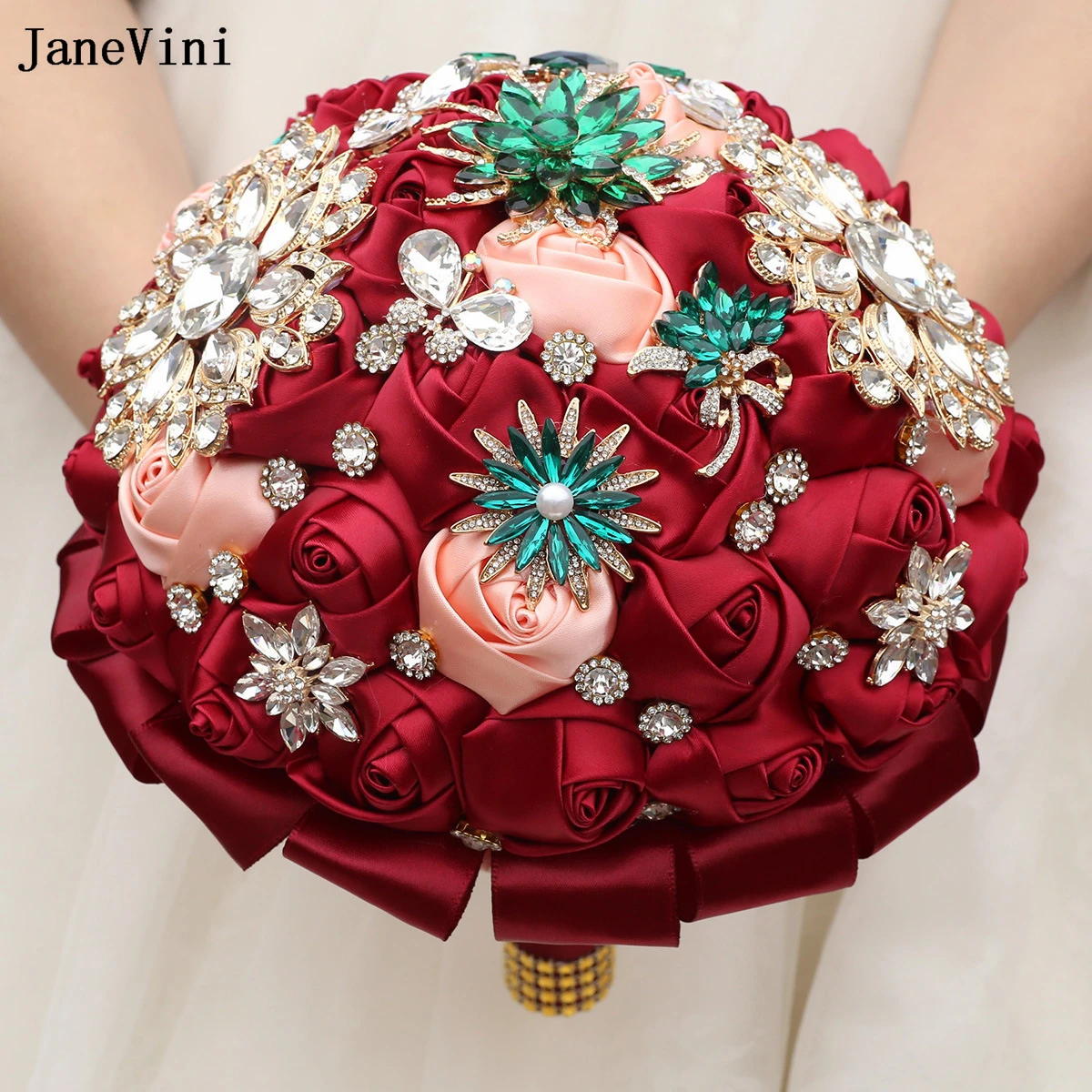 JaneVini Luxury Rhinestone Jewelry Dark Red Flowers Bridal Bouquets Bling Diamond Artificial Satin Roses Wedding Brooch Bouquet