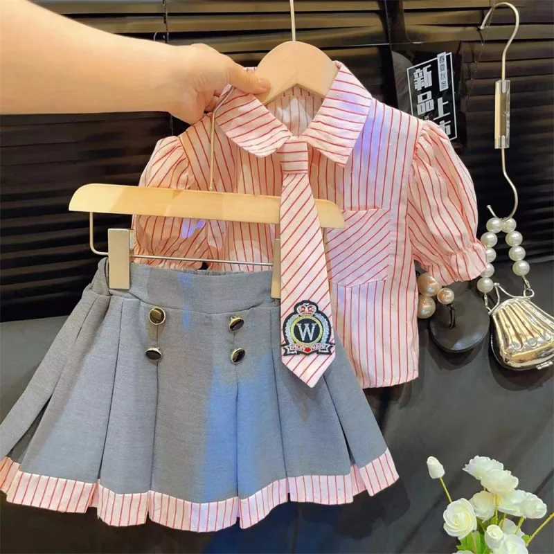 

New Girls' Preppy Style Pleated Skirt Suit2024New Women's Baby Shirt Short Skirt Children Summer Two-Piece Set