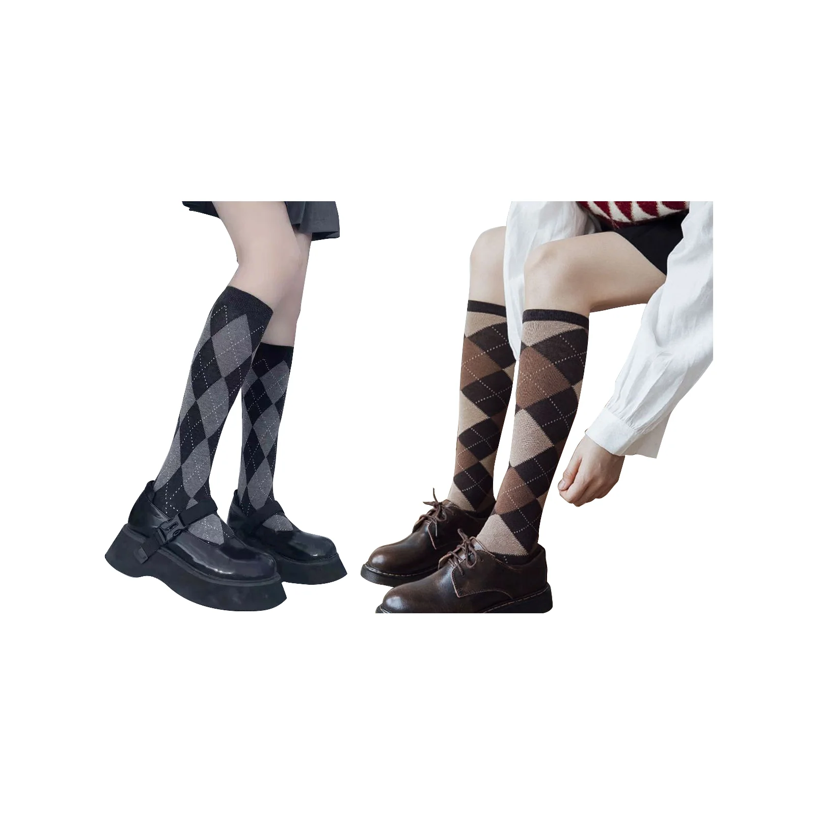 

Black and gray rhombus + coffee large rhombus JK calf socks combination, mid-calf socks for women, 2 pairs