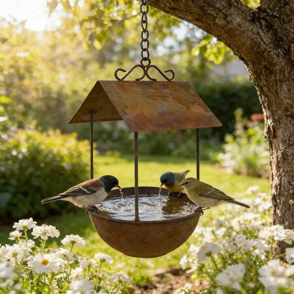 Rostiger Eisen-Vogelbad-Futterspender Vintage Regenfeste Automatische Fütterungsstation Große Kapazität Auslaufsicherer Vogelfutterbehälter