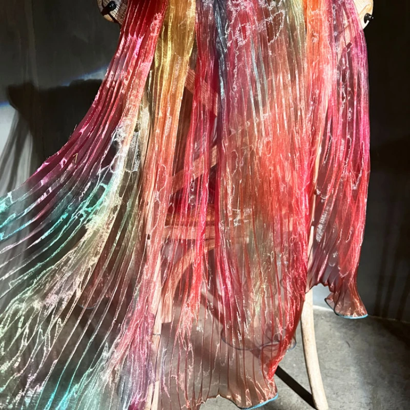 

Rainbow Halo Dyed Accordion Pleated Large Wave Laser Organza Fabric Pleated Formal Dress Fabric Designer Fabric