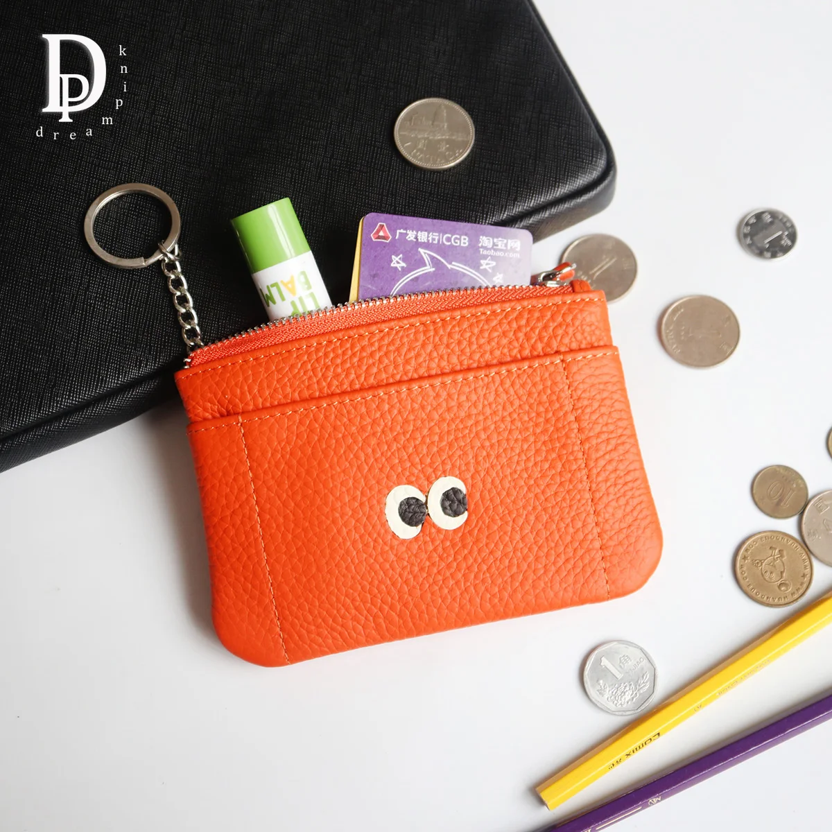 

Fancy Carton Genuine Leather Small Wallet Fashion Eyes Look Zip Women Keychain Coin Purse Cute Small Girl Change Money Bag