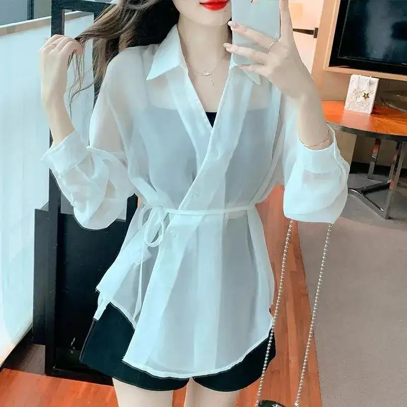 Fashion Lapel Button Solid Color Gauze Bandage Shirts Female Clothing 2024 Spring Summer New Loose All-match Tops Casual Blouses