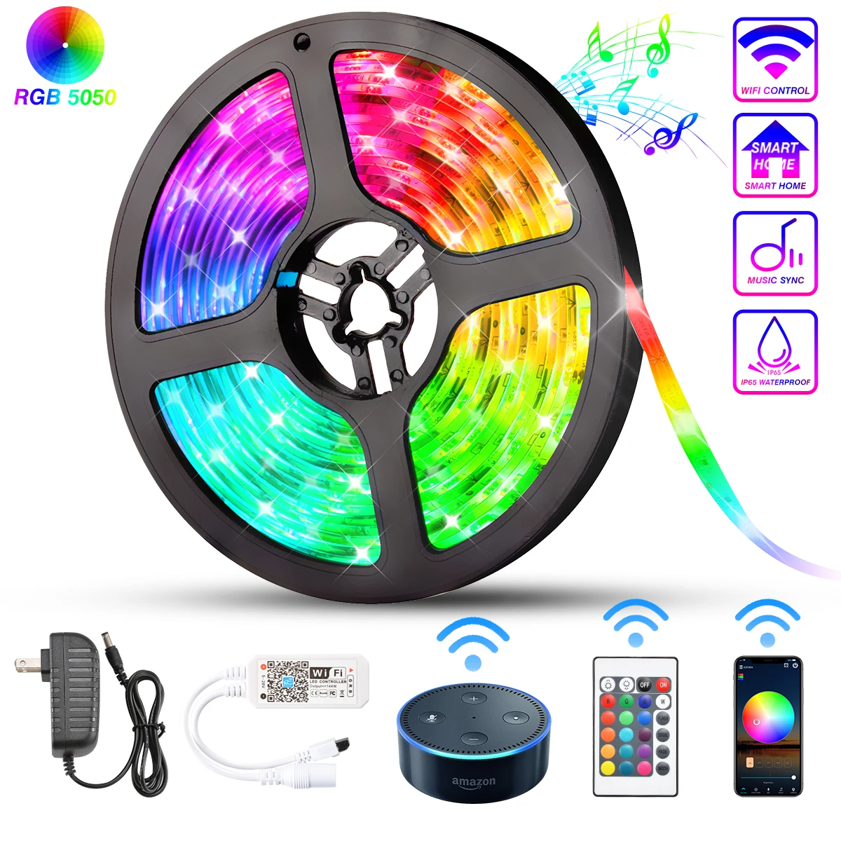 

Светодиодная лента 10 м, IP65 водонепроницаемая, 300 светодиодов 5050 RGB, 16 миллионов цветов, управление через Wi-Fi приложение и 24-кнопочный пульт ДУ