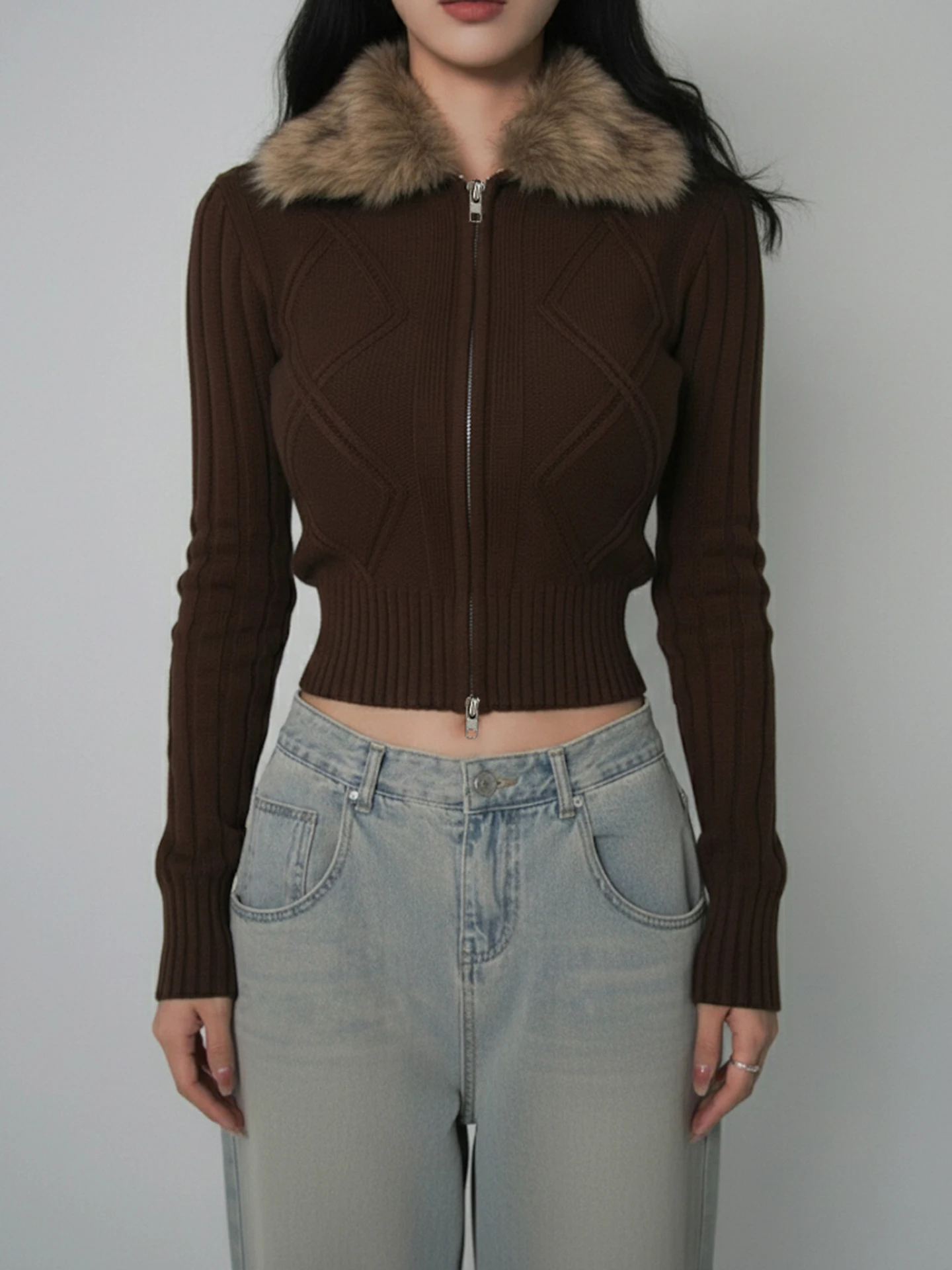 

WEEKEEP Autumn Winter Zipper Neck Texture Knitted Sweater Coat Women Slimming Versatile Top Trendy Street Style Long Sleeve