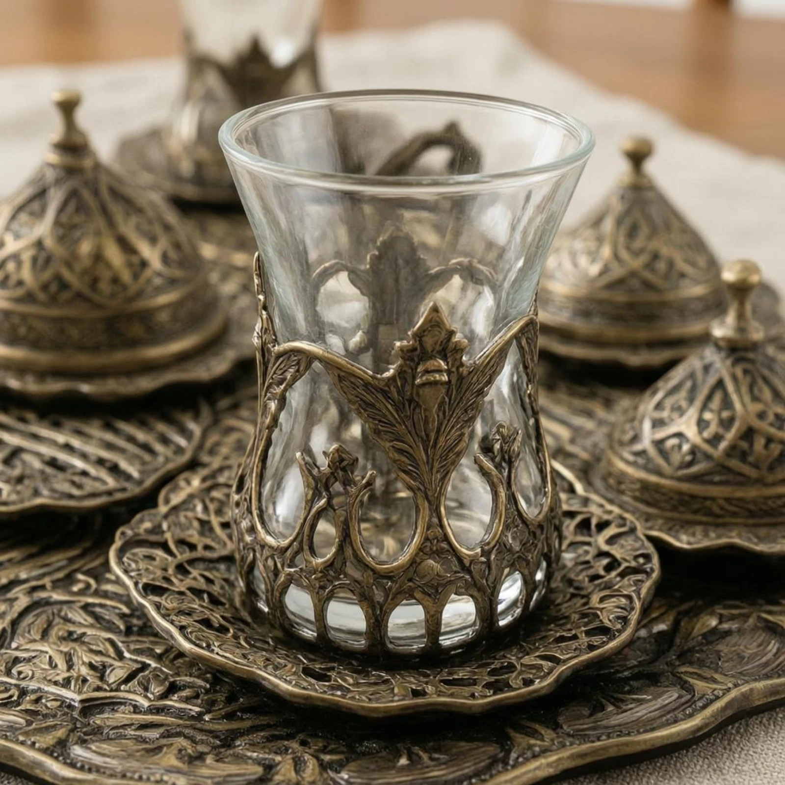 Turkish Tea Cup Set Antique-Style Lidded Tea Cup Set Textured Finish