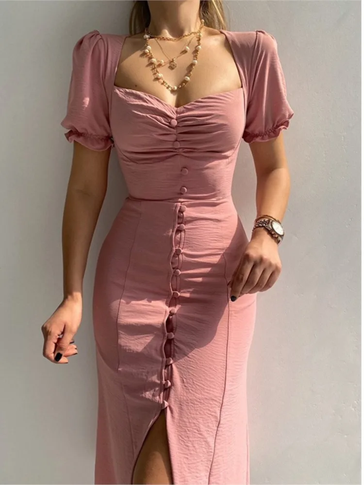 

Women Sexy Slit Dresses 2025 Summer New V Neck Short Sleeve Single-breasted Midi Dress Elegant Female Party Casual Robes Vestido