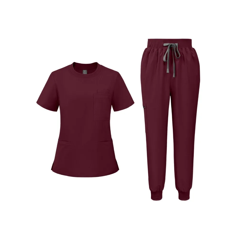 Women High Stretch Work Suit, Short Sleeve Top & 3 Pockets Drawstring Jogger Pants, Comfort Daily Workwear