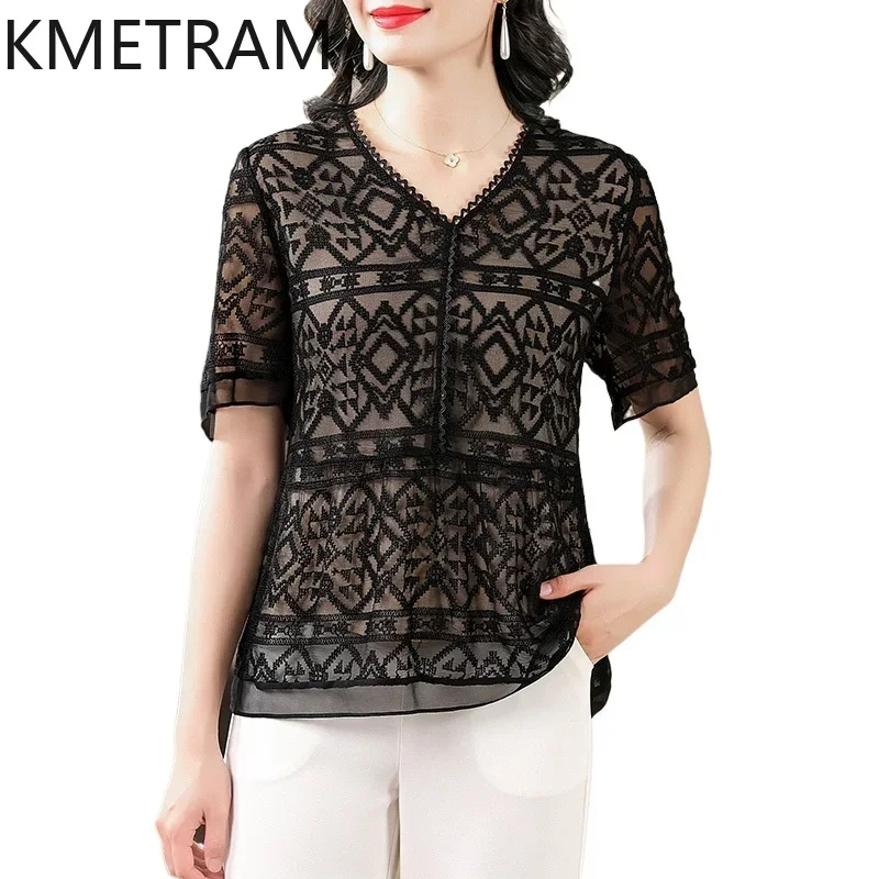 KMETRAM 100% Real Mulberry Silk T Shirts for Woman Fashion 2024 Casual Tops Summer Women Clothing Essentials Black Top Футболка